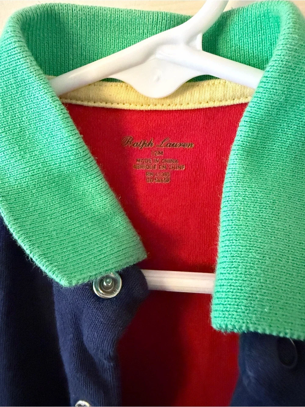 Ralph Lauren Navy Colorblock Polo Romper with Green Collar